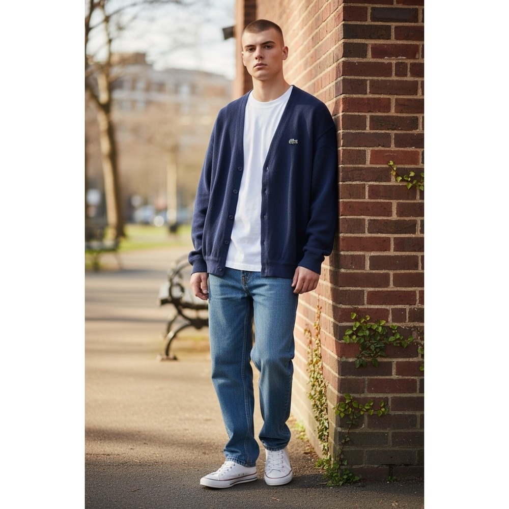 Lacoste‎ Wool Cardigan Mens Sweater Classic Fit Logo Navy Blue Knitwear